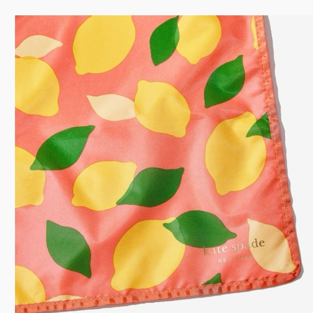 Kate Spade Lemon Print Beach Blanket with striped travel case.